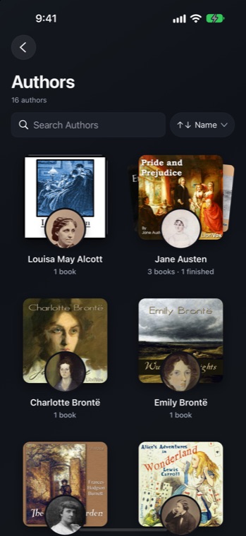 AudioNest's Authors page: Louisa May Alcott, Jane Austen, Charlotte Brontë and Emily Brontë with their portraits