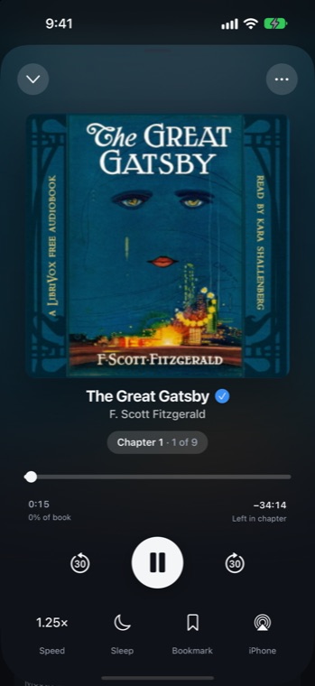 The AudioNest player playing The Great Gatsby: cover, chapter, scrubber, 30-second skips, speed, sleep, bookmark