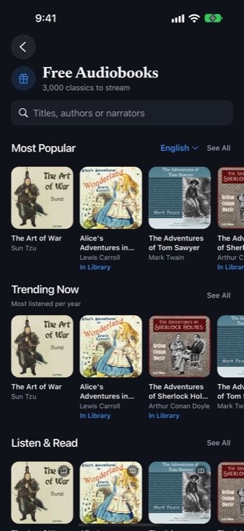 Free Audiobooks in AudioNest: 3,000 classics to stream, Most Popular and Trending Now